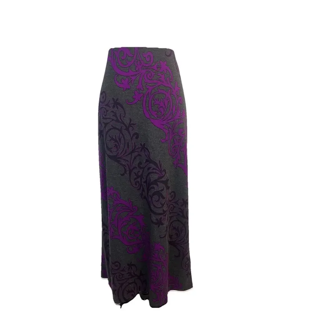 ECI New York Skirt size Small Purple Gray Floral Long Maxi A Line Stretch Modest - Picture 2 of 9